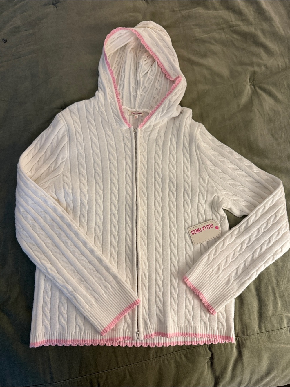 Stella Tweed White Cable-Knit Hoodie with Pink Logo Tag